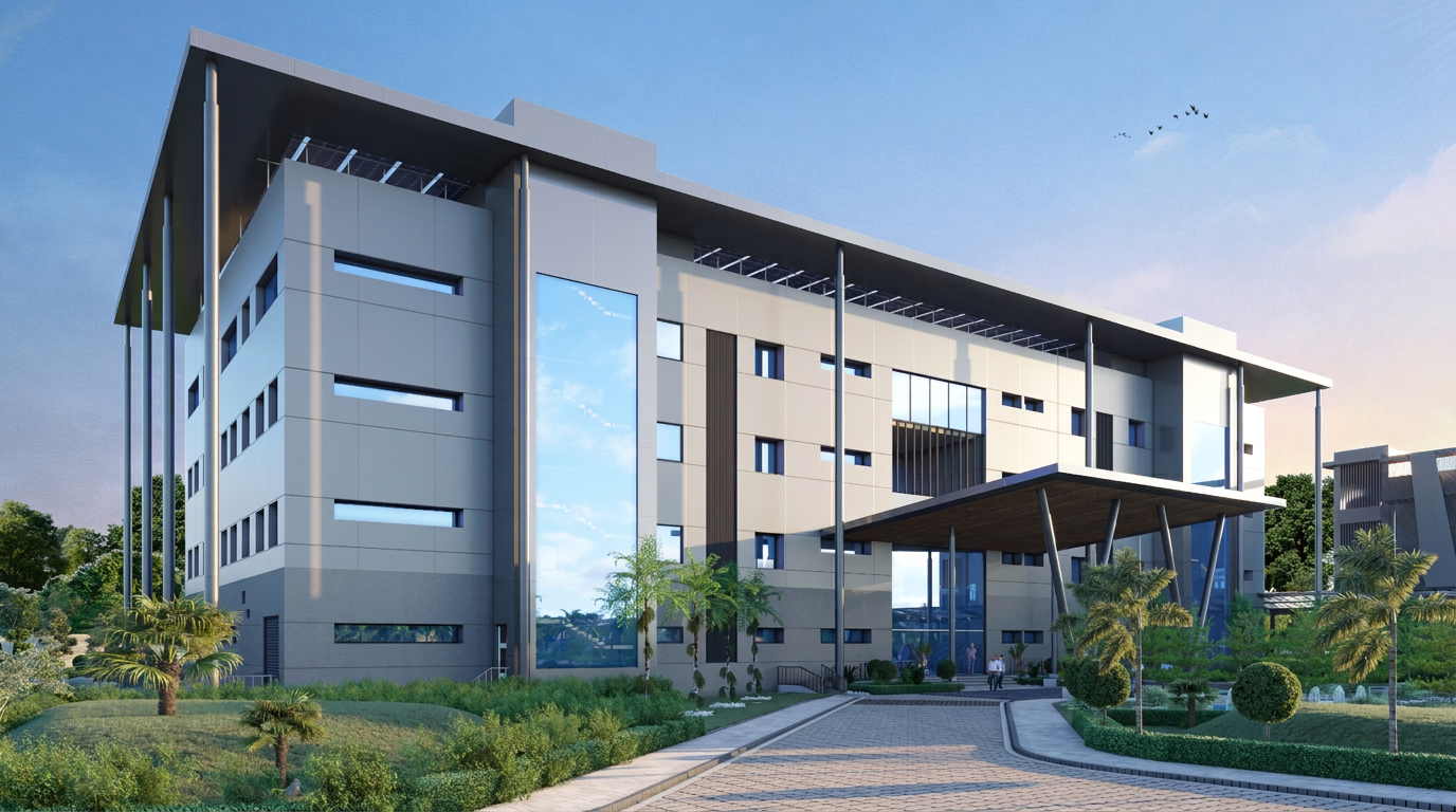 Front elevation render of the GAIL Administrative Building at Alibag